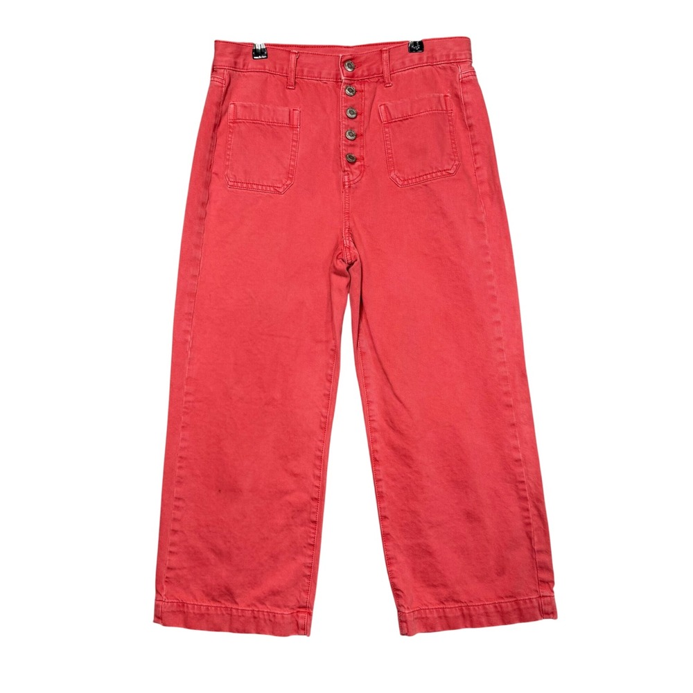 American Eagle Wide Leg Crop Women 10 Red High Rise Button Fly Cotton Pants Jean